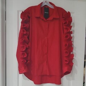 NWT WoWo Beautiful Red Ruffle long sleeve Blouse. Red button front top Size 1XL.